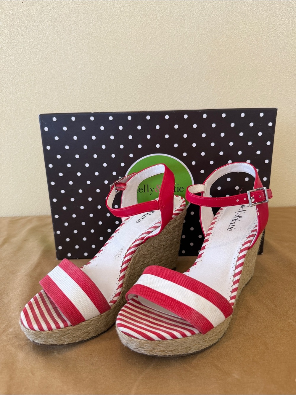 Kelly & Katie Red and White Striped Wedge Sandals